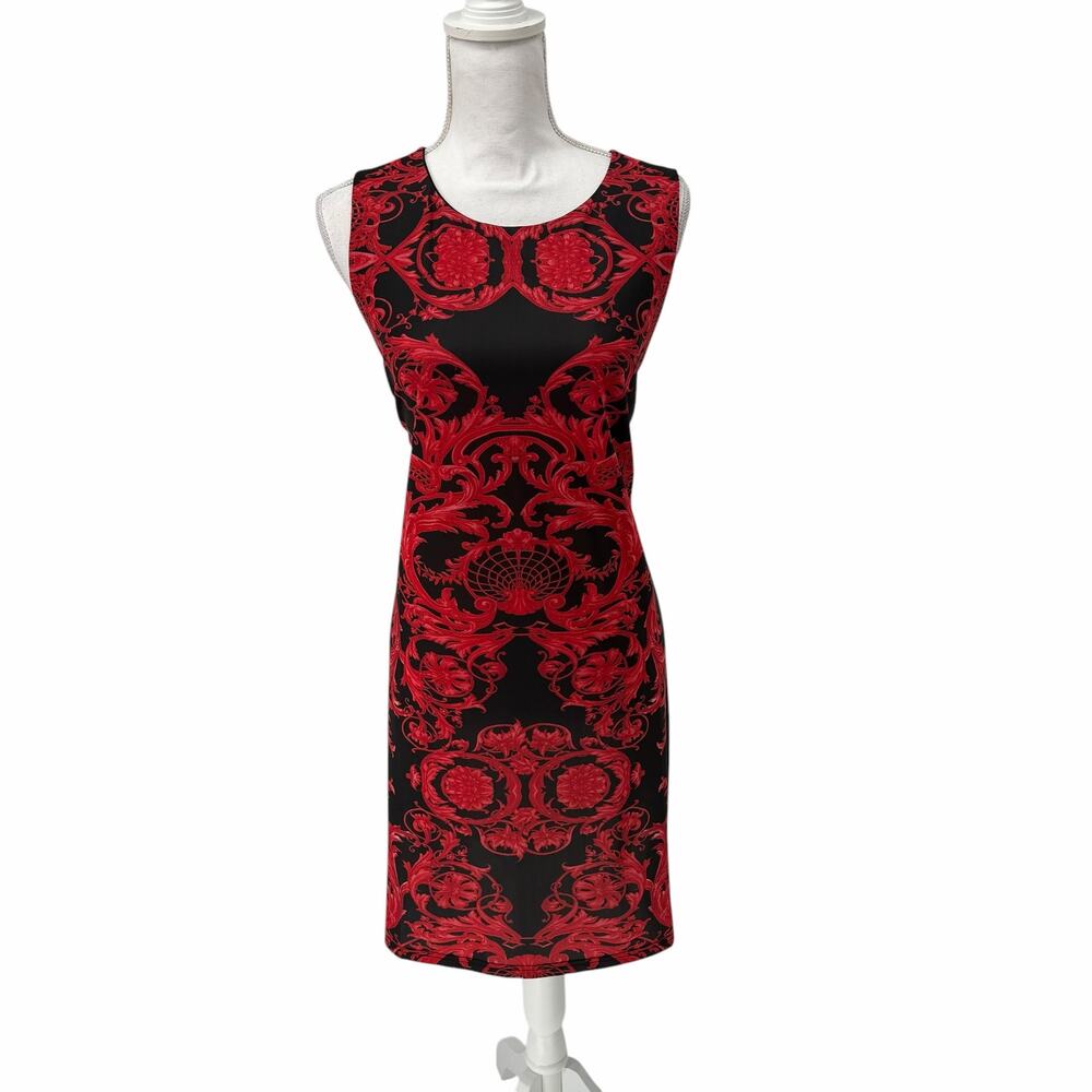 Aryeh Black Red Baroque Damask Scroll Sleeveless Shift Dress Large